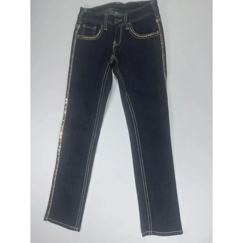 Cowgirl Tuff Golden Straight Jeans Womens 24x30 Dark Wash Rose Gold Sequin Bling